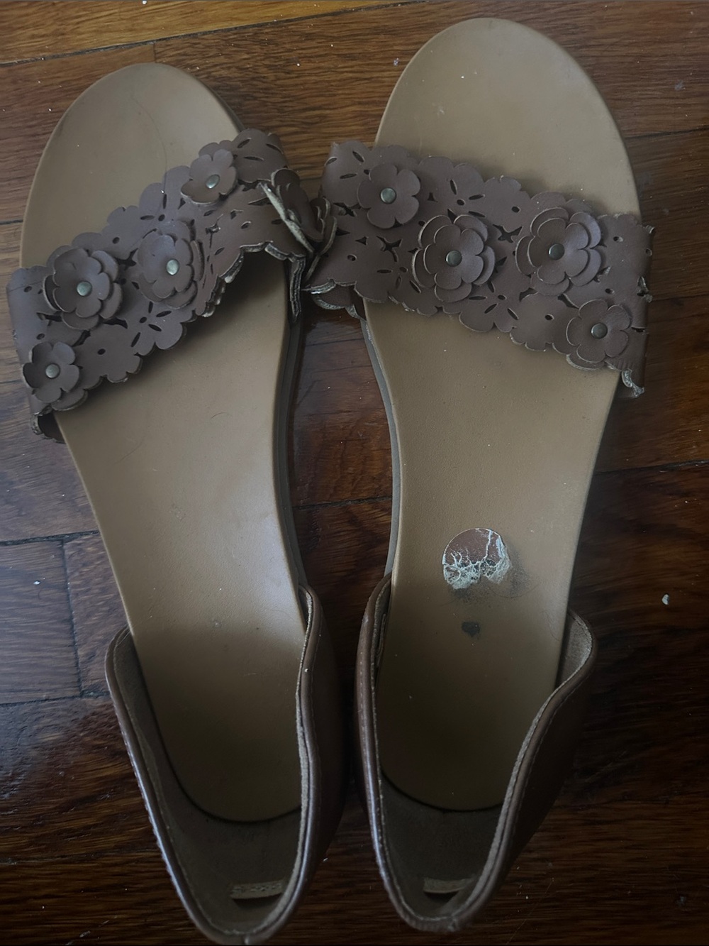 Brown Floral Leather Slide Sandals for Women